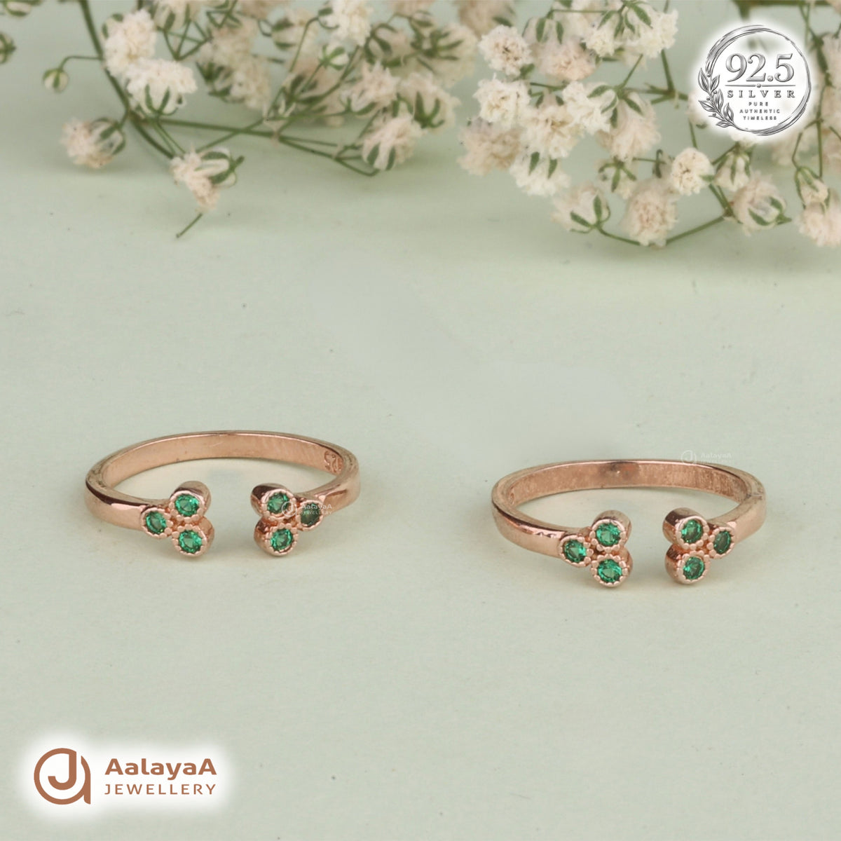 Silver Rosegold Emerald Trio Toe Ring
