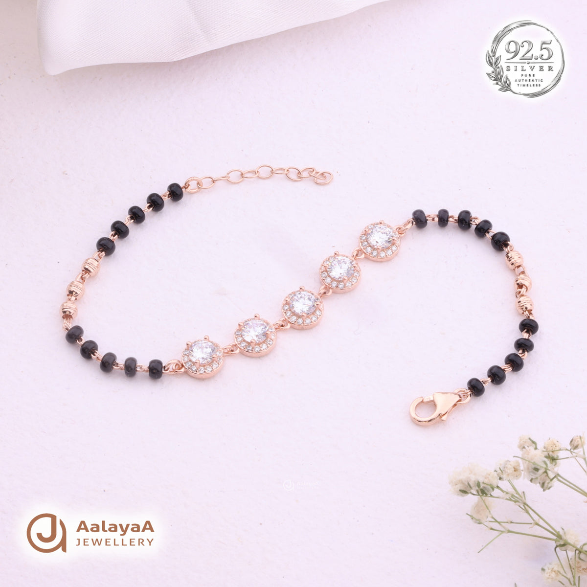 Silver Rosegold Black Bead Halo Bracelet