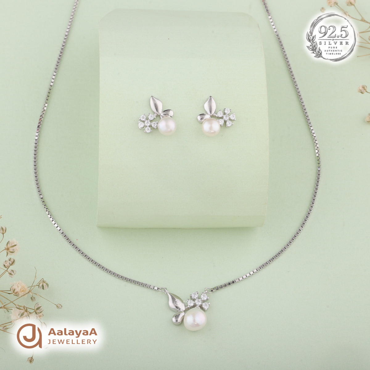 Silver Pearl Petal Necklace Set