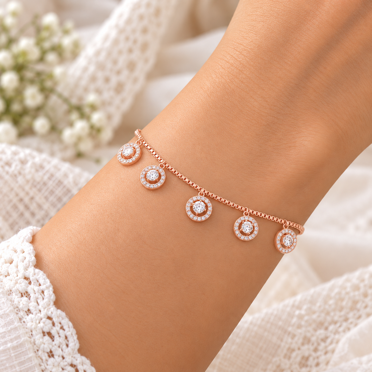 Silver Rosegold Crystal Halo Charm Bracelet