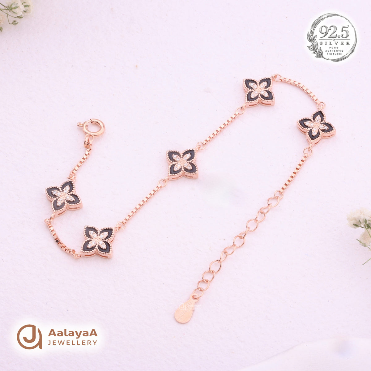 Silver Rosegold Black Clover Charm Bracelet
