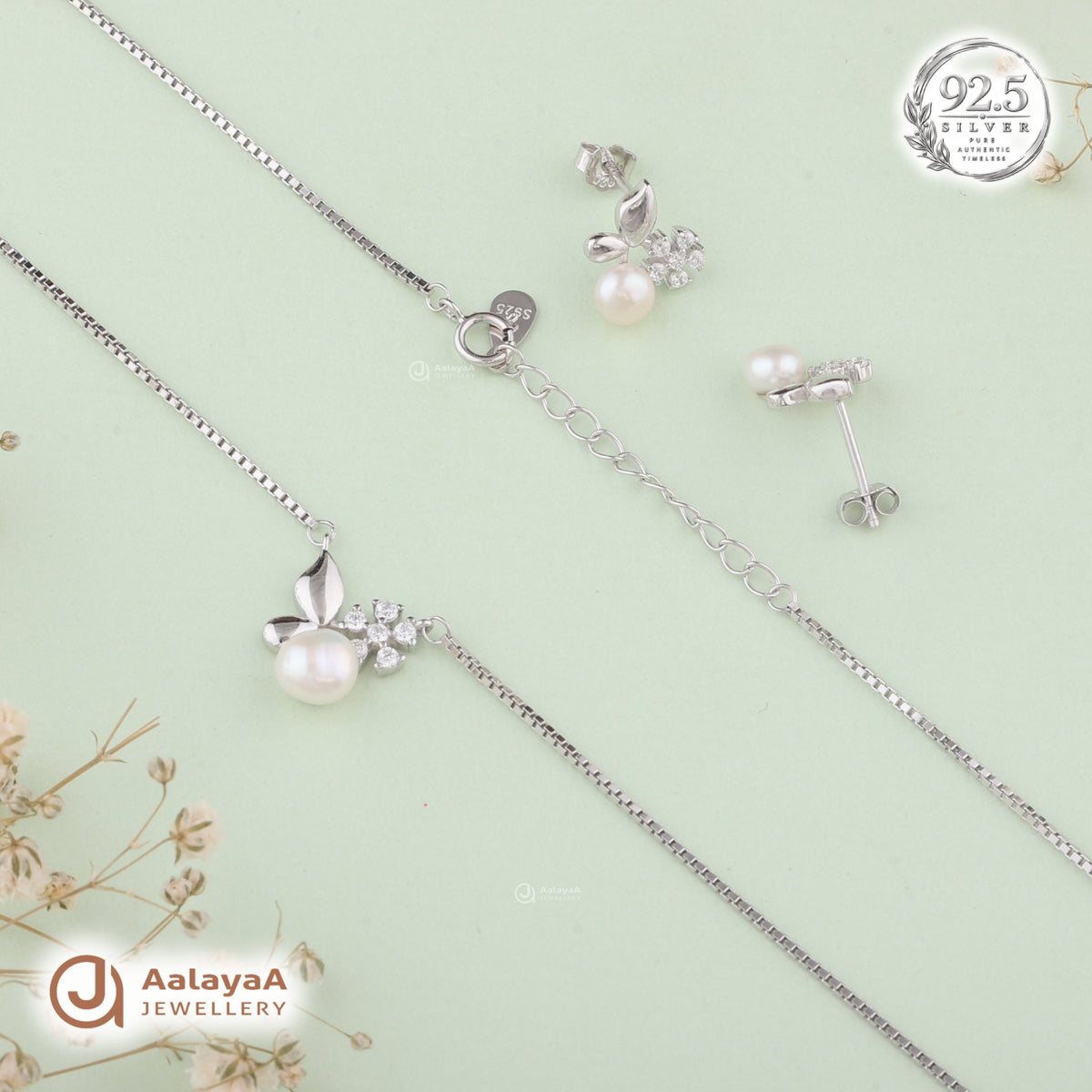 Silver Pearl Petal Necklace Set