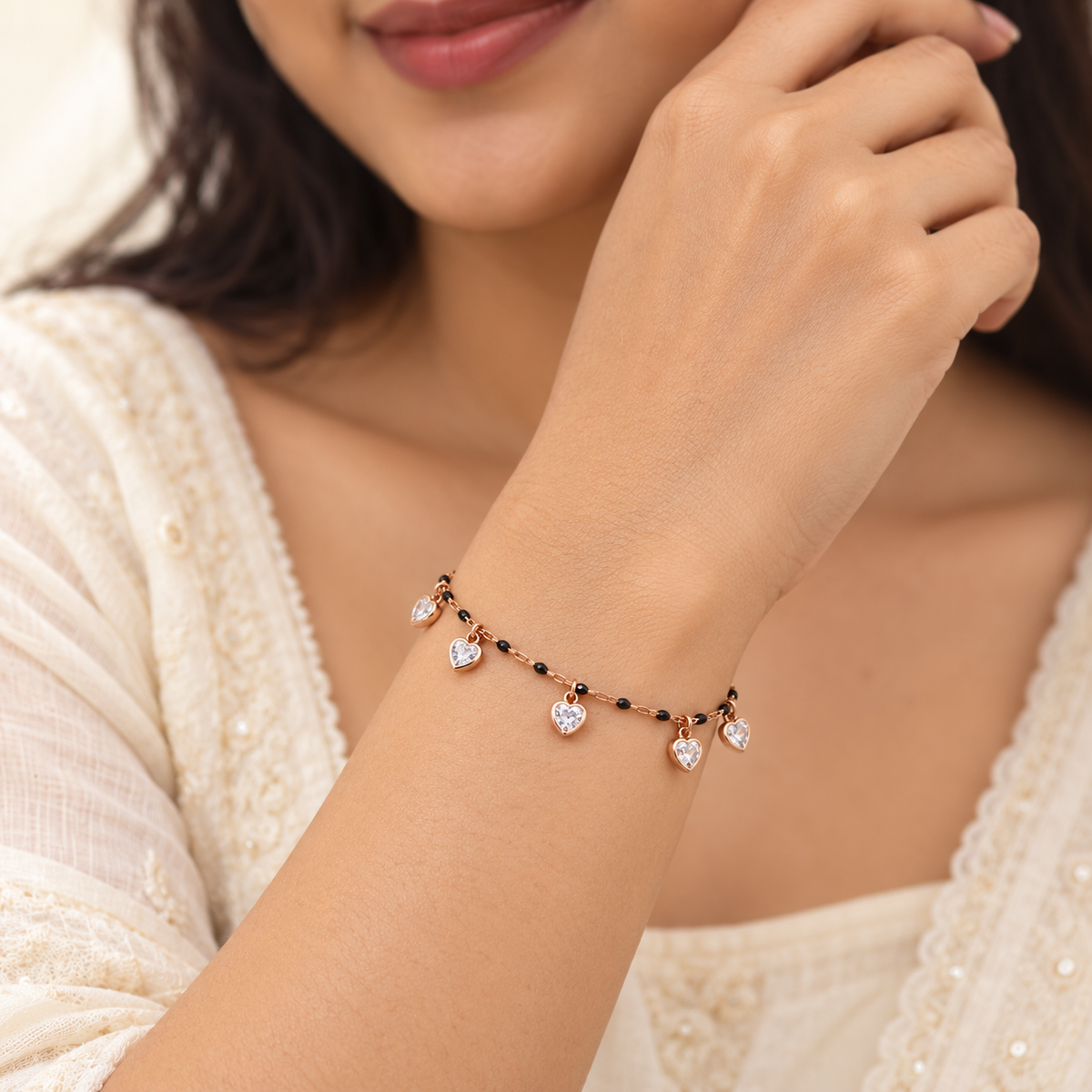 Silver Rosegold Black Bead Heart Charm Bracelet