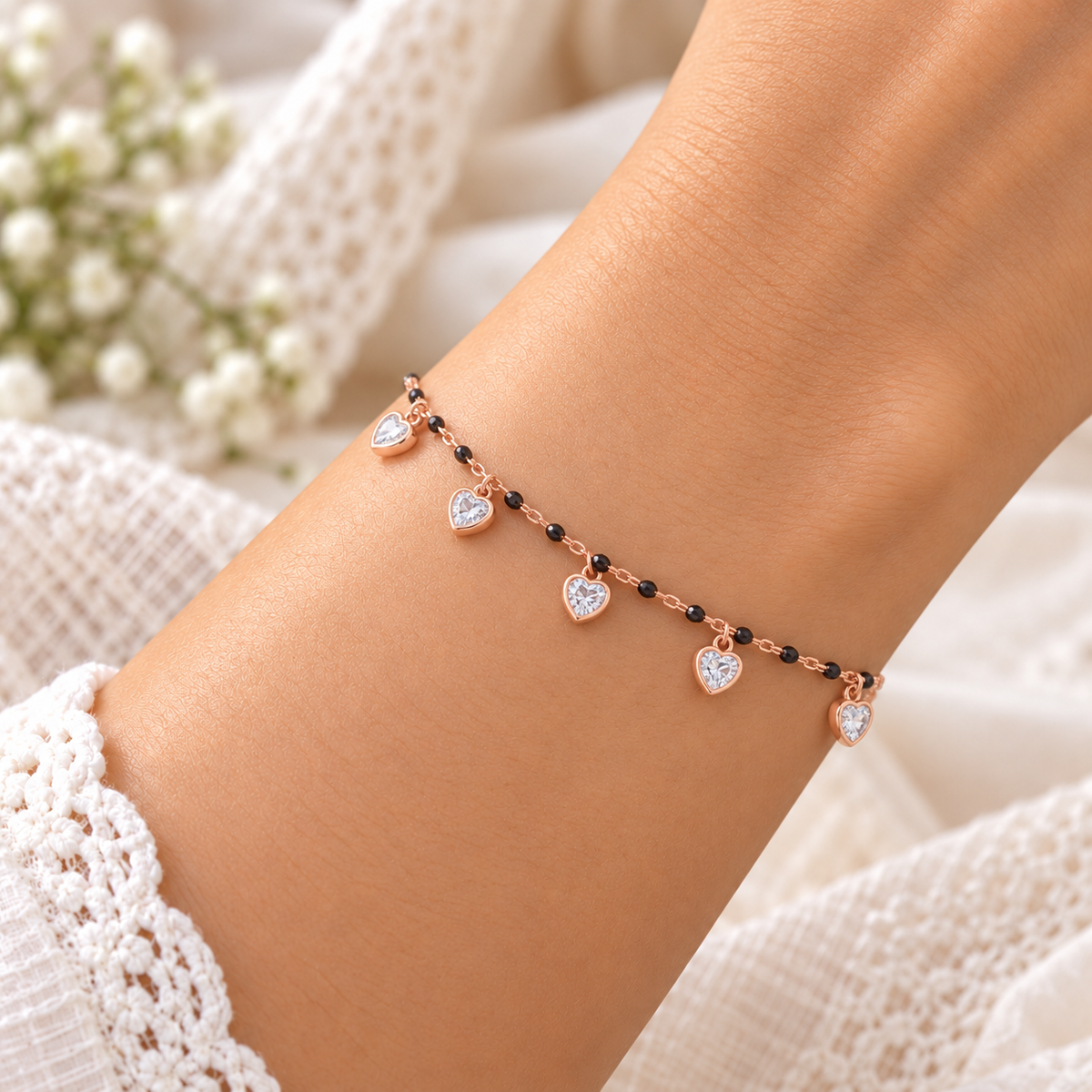 Silver Rosegold Black Bead Heart Charm Bracelet