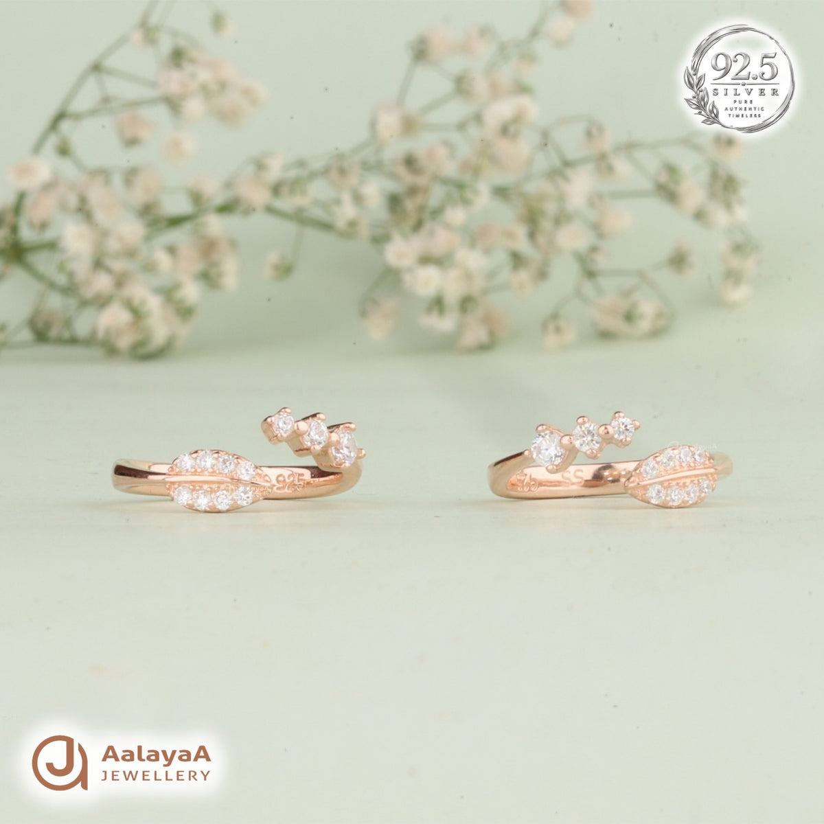 Silver Rosegold Crystal Leaf Trio Toe Ring