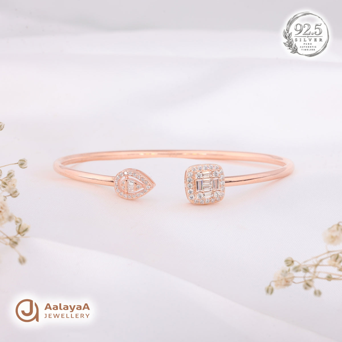 Silver Rosegold Pear Square Crystal Kada