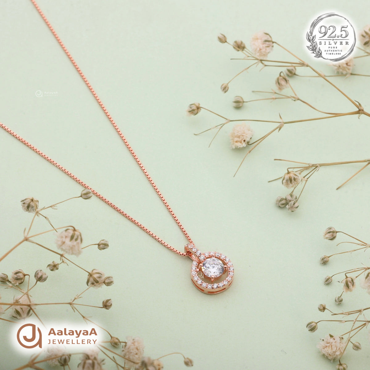 Silver Rosegold Halo Solitaire Chain Pendant