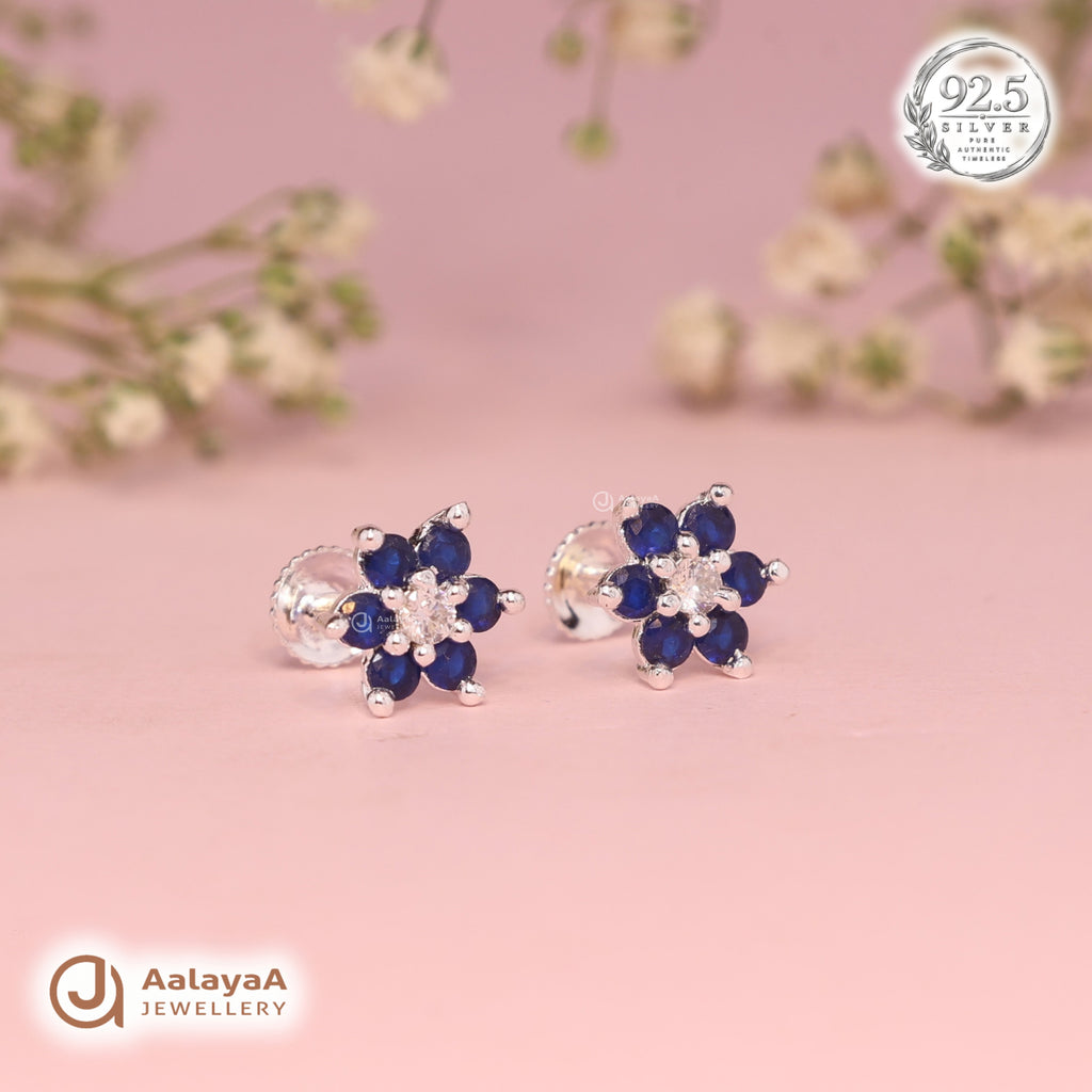 Silver Sapphire Flower Earring