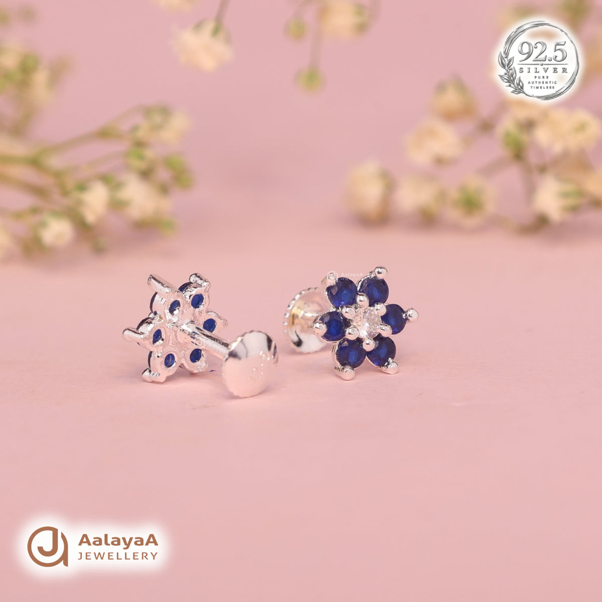 Silver Sapphire Flower Earring