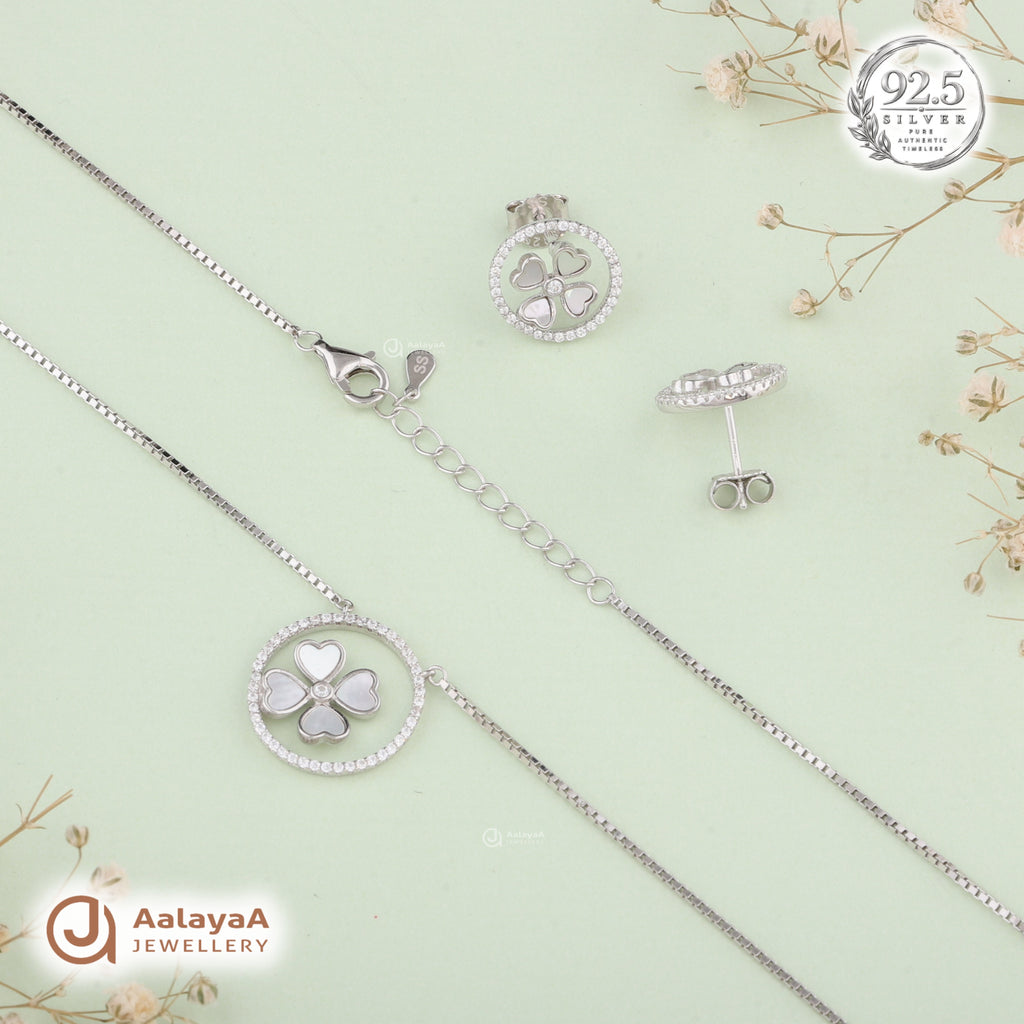Silver Clover Charm Necklace Set