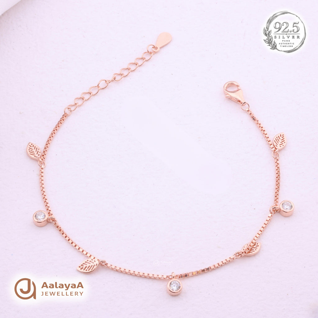Silver Rosegold Leaf Crystal Charm Bracelet
