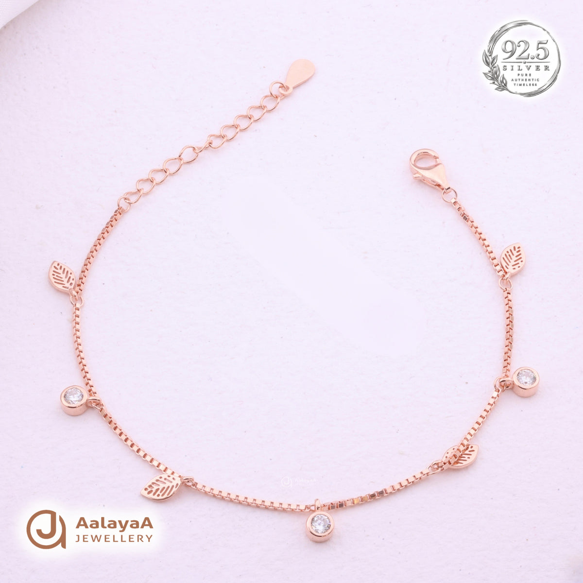 Silver Rosegold Leaf Crystal Charm Bracelet