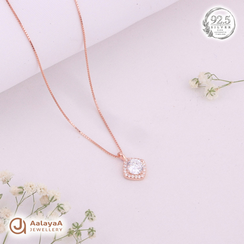 Silver RoseGold Solitaire Halo Chain Pendant