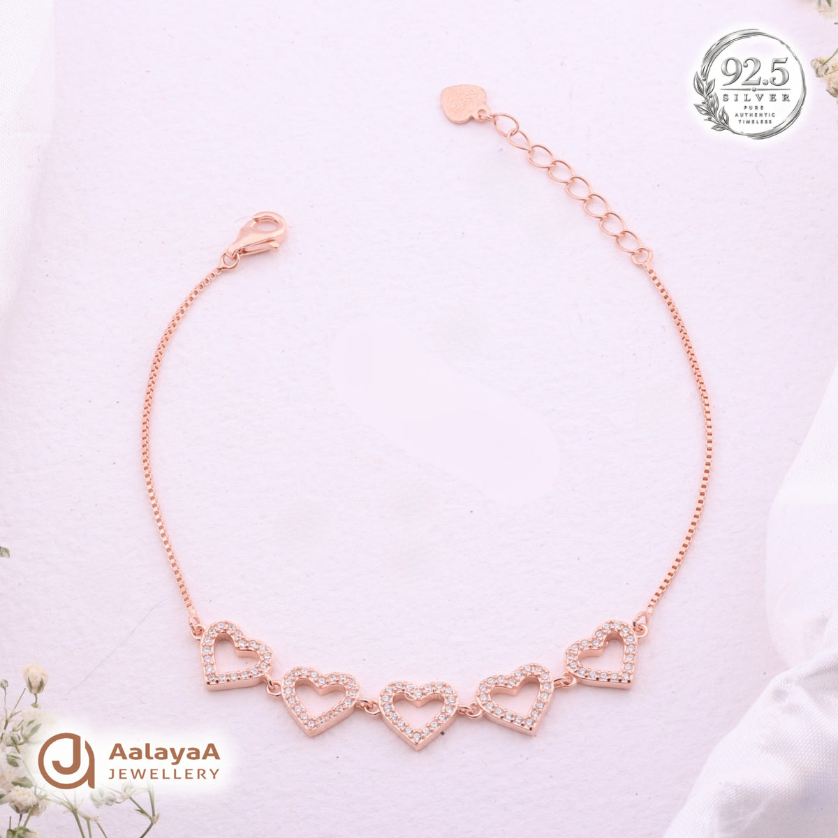 Silver Rosegold Five Hearts Bracelet