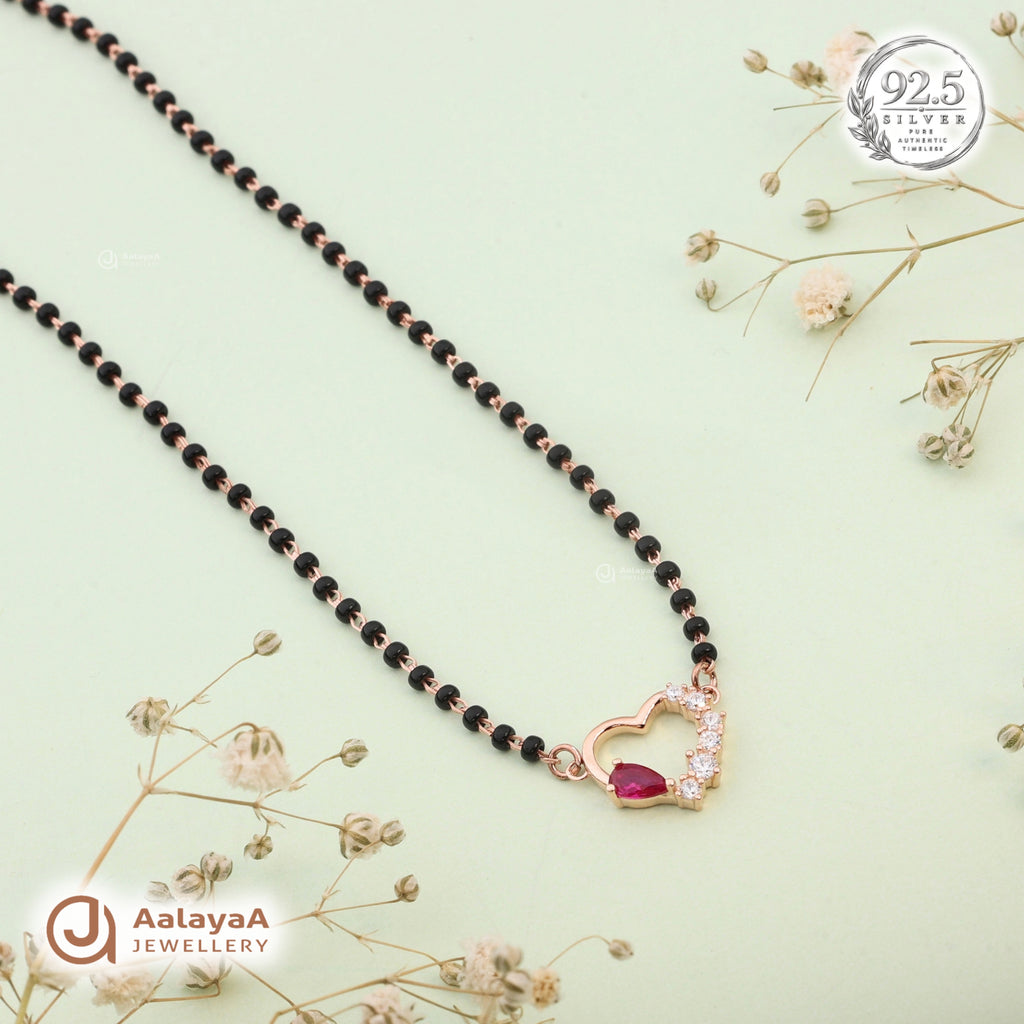 Silver Rosegold Ruby Heart Black Bead Chain Pendant