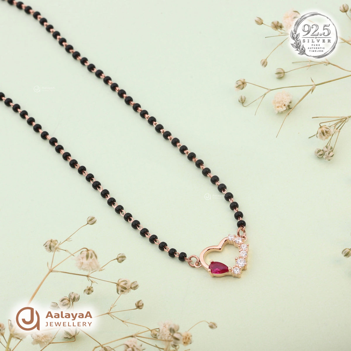 Silver Rosegold Ruby Heart Black Bead Chain Pendant