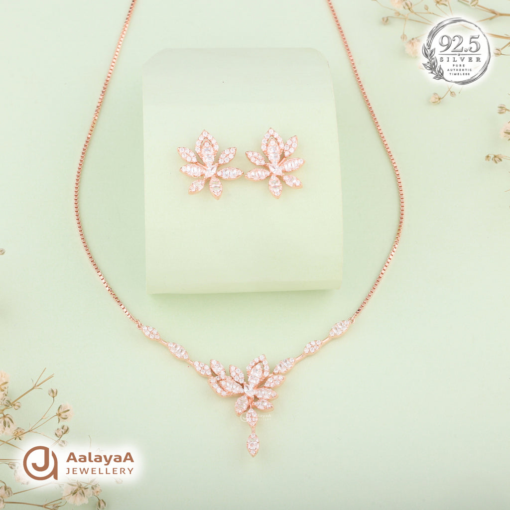 Silver Rose Gold Aurelia Blossom Necklace Set