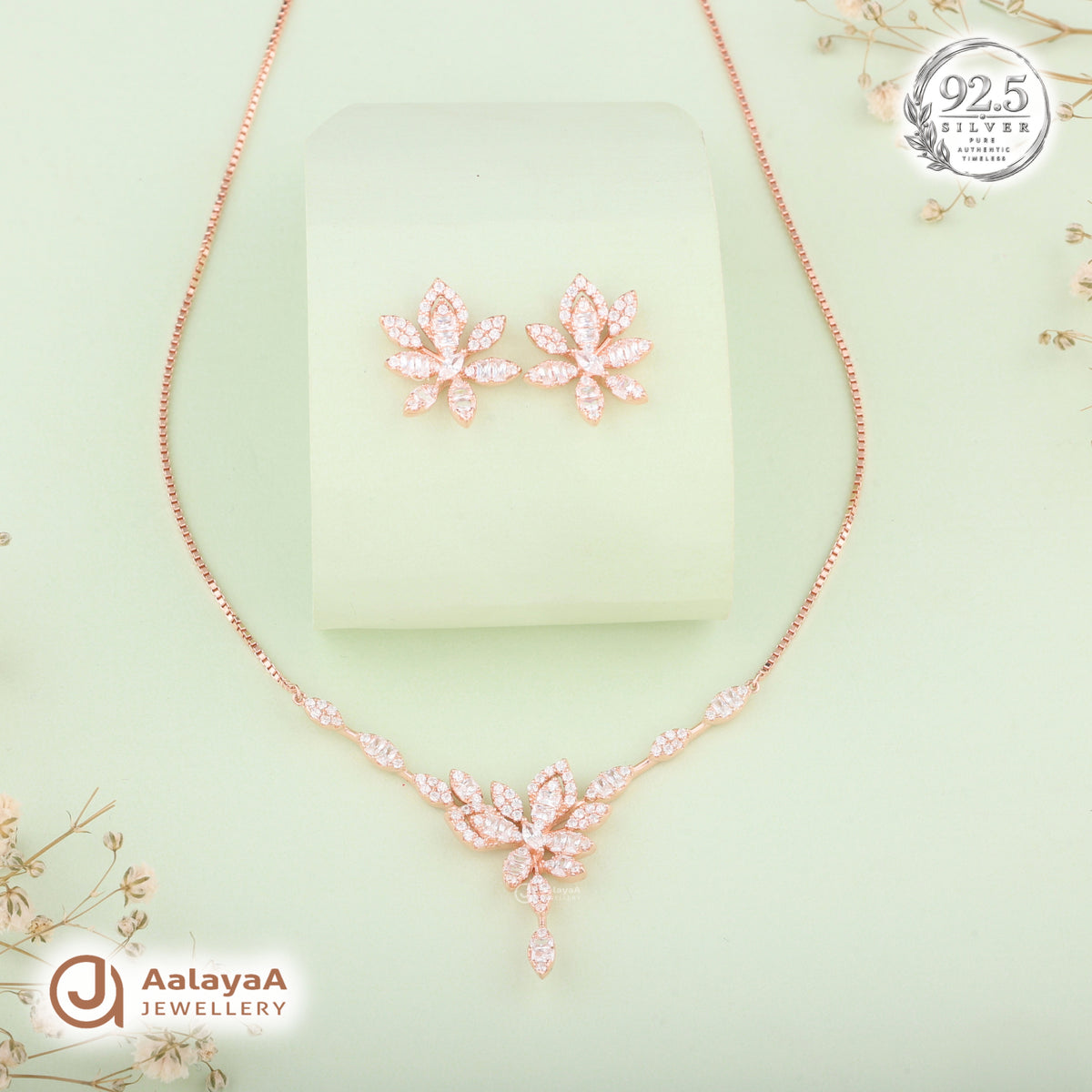 Silver Rose Gold Aurelia Blossom Necklace Set