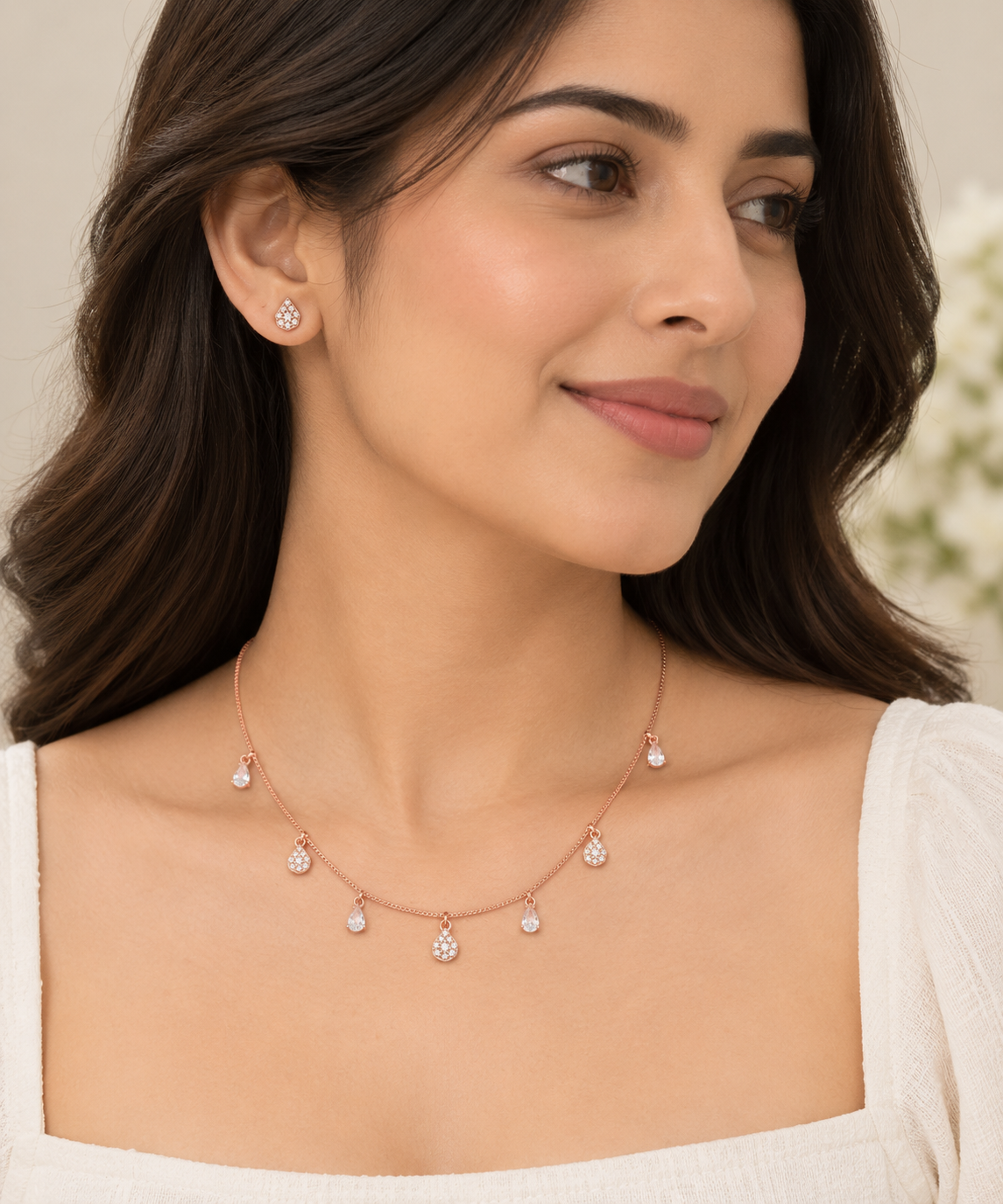 Silver Rosegold Crystal Teardrop Charm Necklace Set