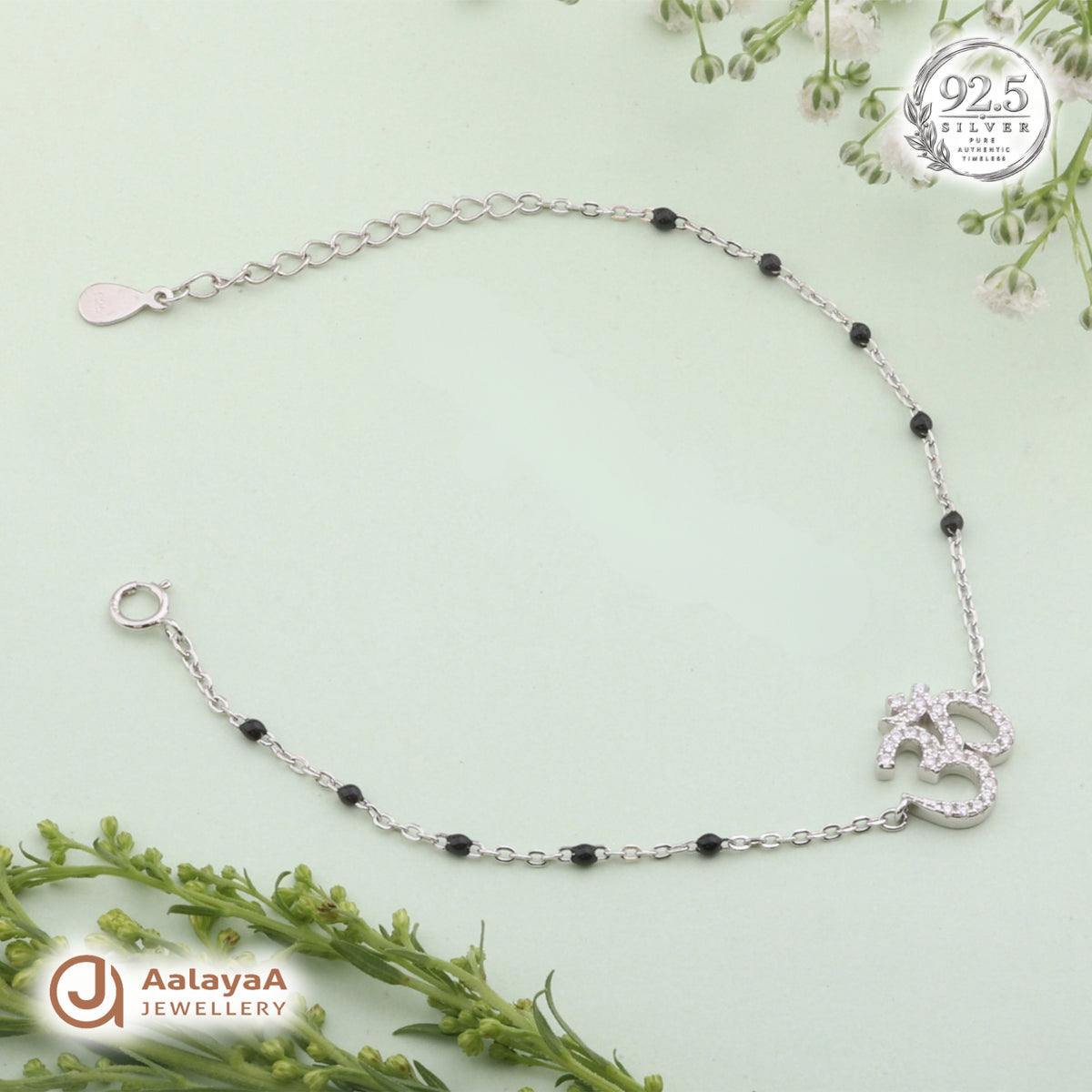 Silver Black Bead Om Bracelet