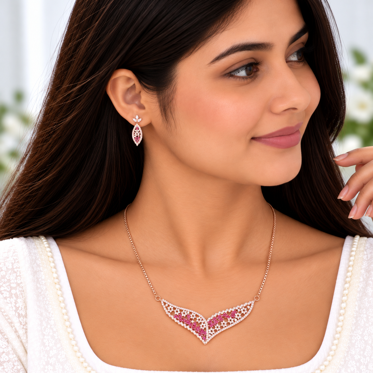 Silver Rose Gold Roselle Ruby Necklace Set