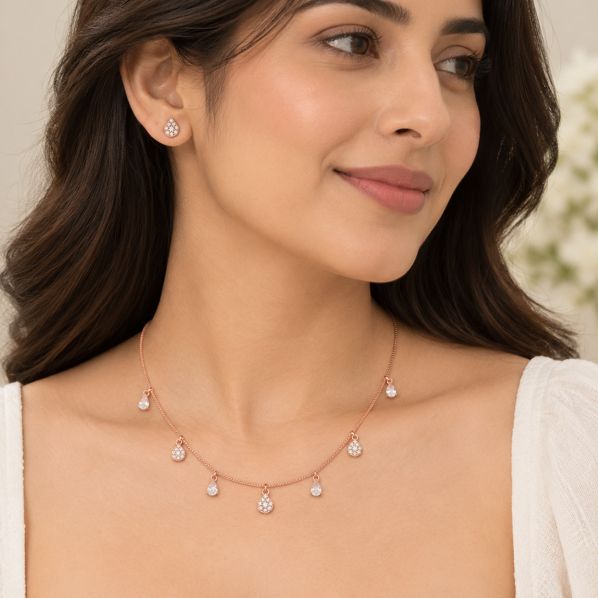 Silver Rosegold Crystal Teardrop Charm Necklace Set