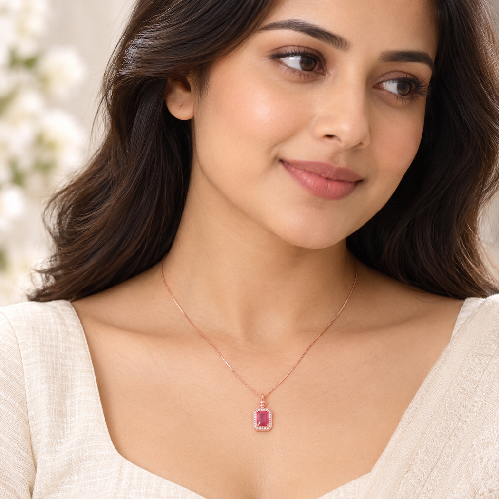 Silver RoseGold Ruby Halo Chain Pendant