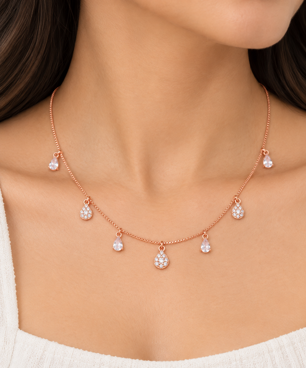 Silver Rosegold Crystal Teardrop Charm Necklace Set