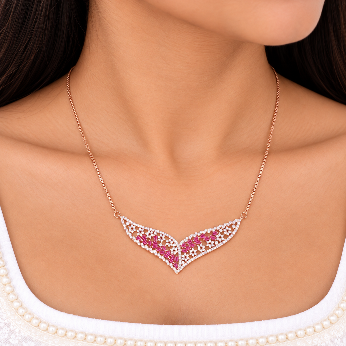 Silver Rose Gold Roselle Ruby Necklace Set