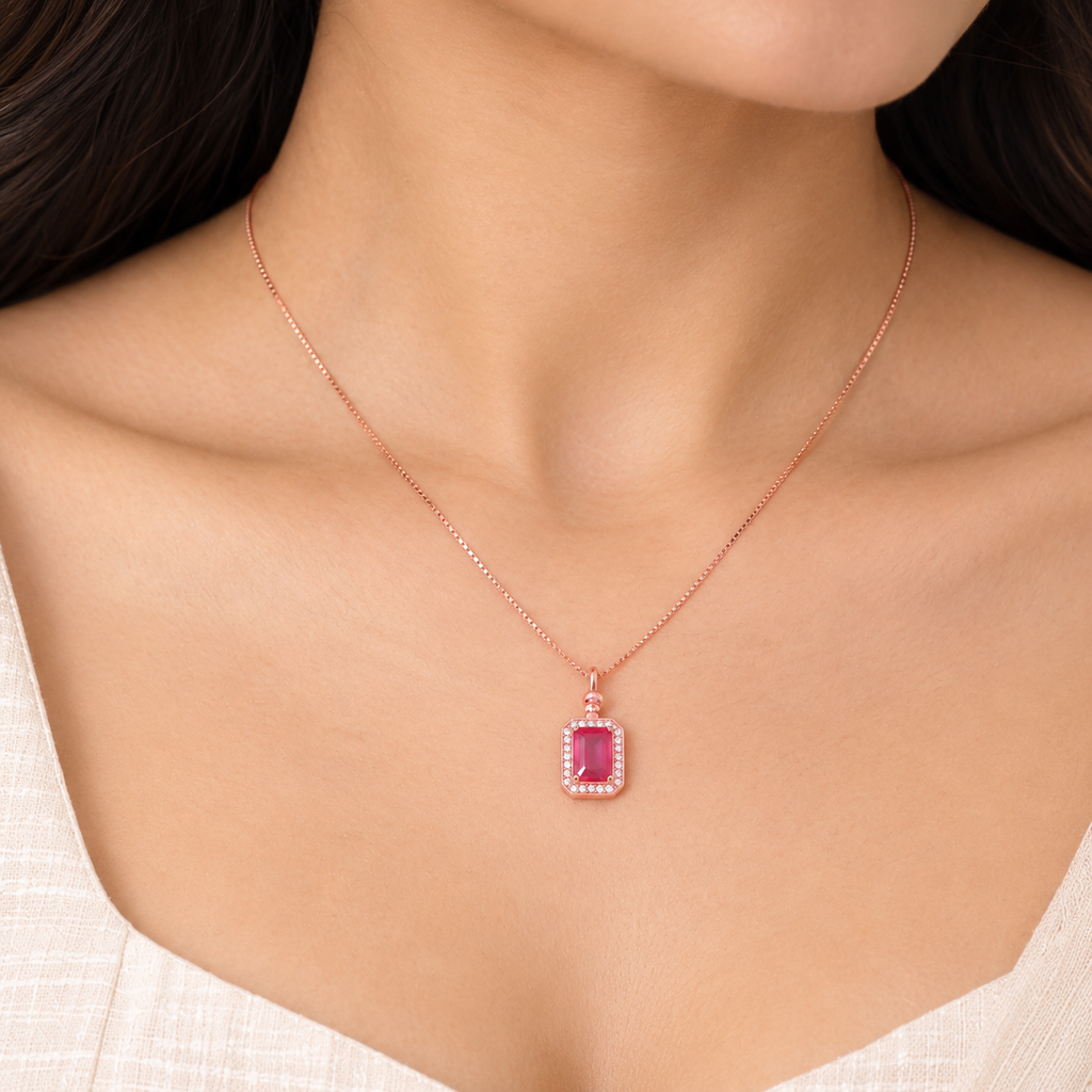 Silver RoseGold Ruby Halo Chain Pendant