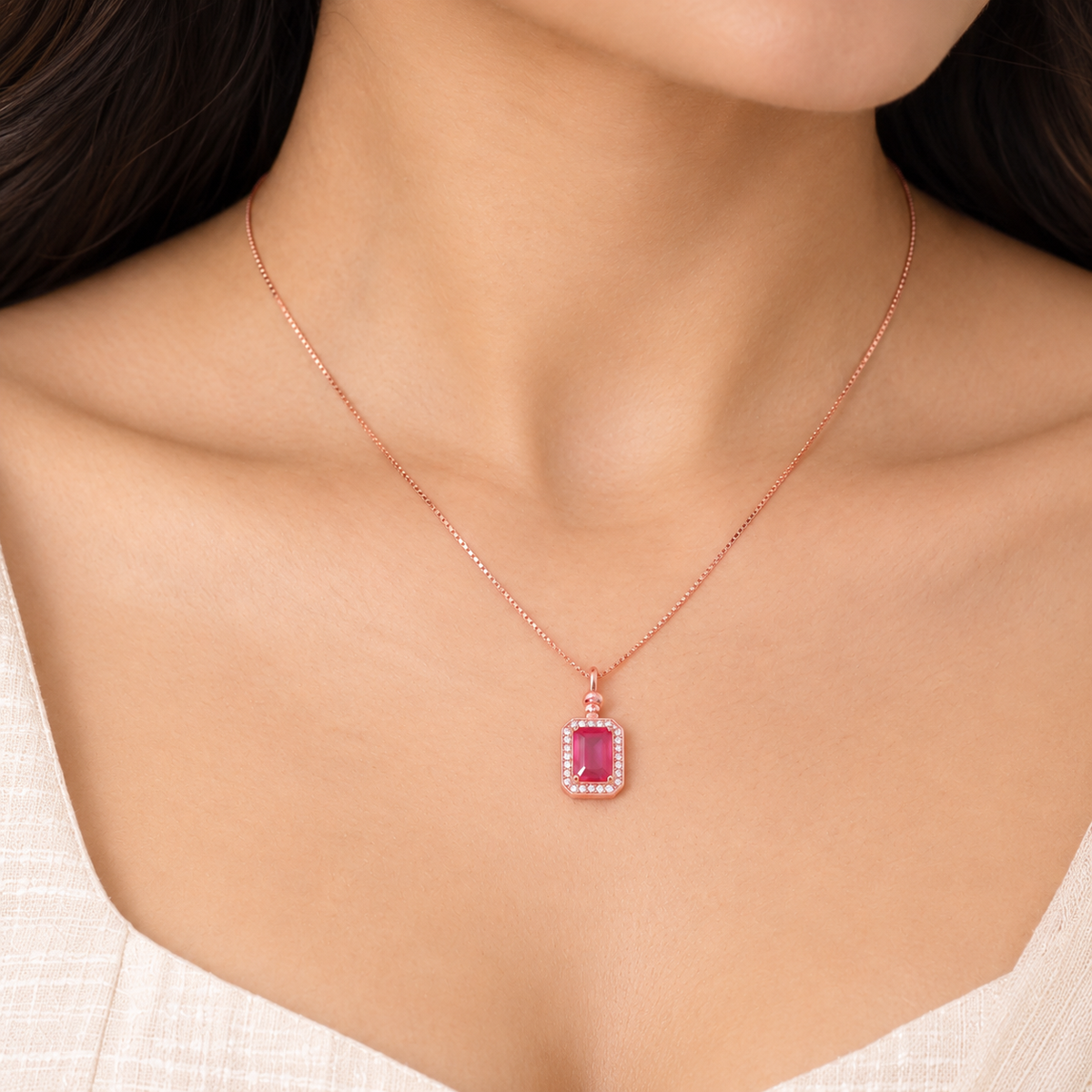 Silver RoseGold Ruby Halo Chain Pendant