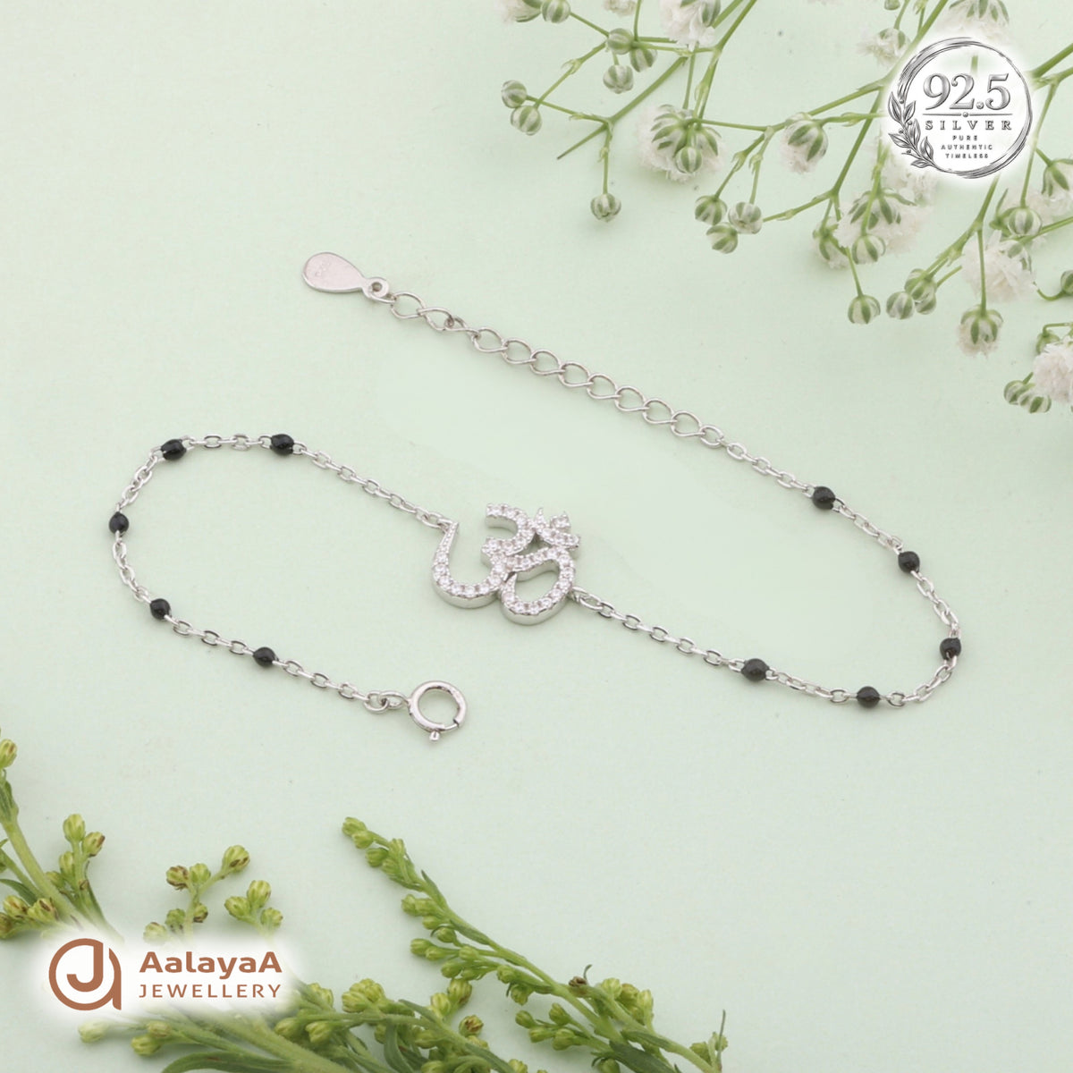 Silver Black Bead Om Bracelet