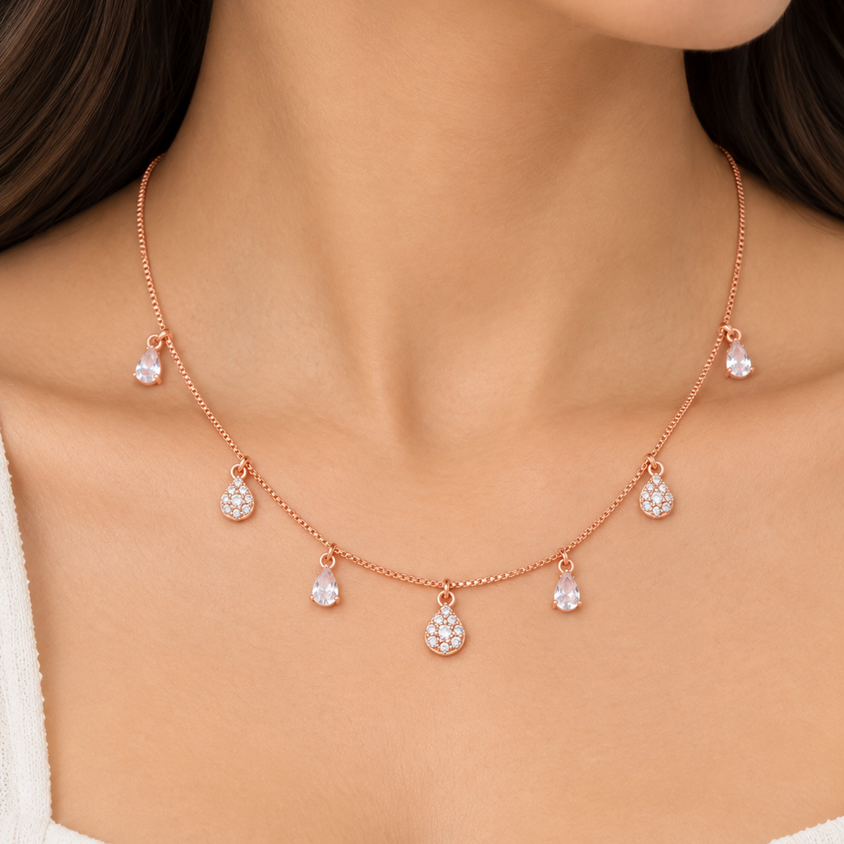 Silver Rosegold Crystal Teardrop Charm Necklace Set