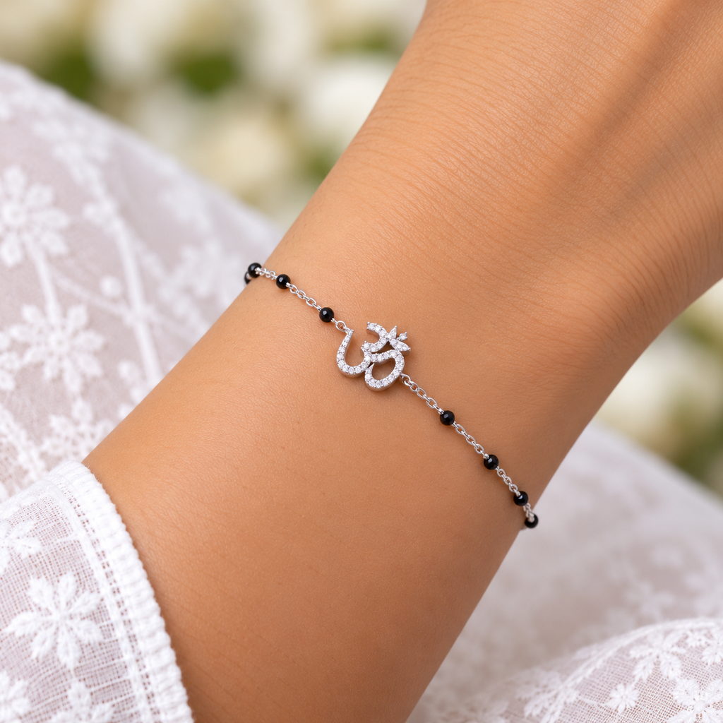 Silver Black Bead Om Bracelet