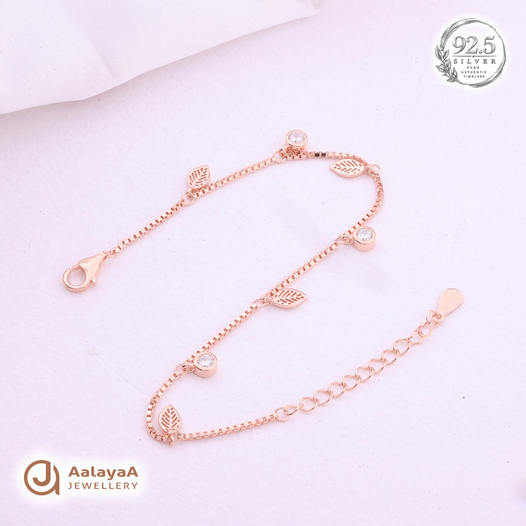 Silver Rosegold Leaf Crystal Charm Bracelet