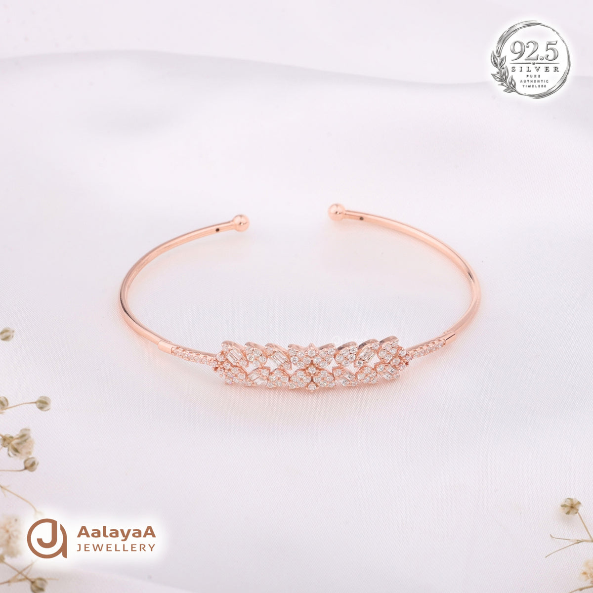 Silver Rosegold Crystal Leaf Kada