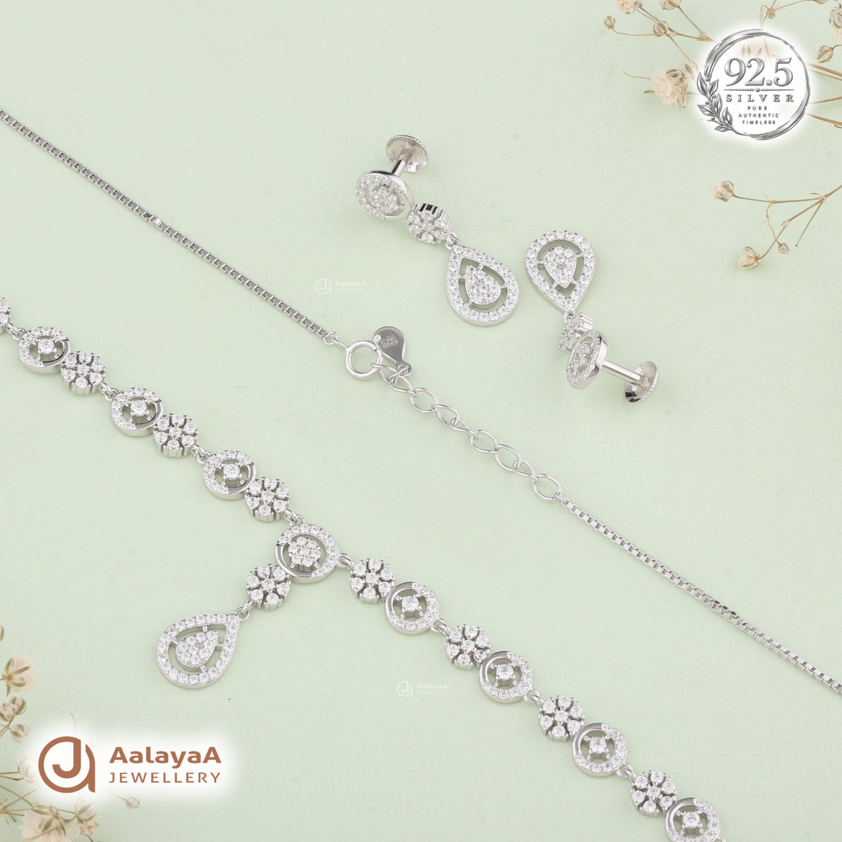 Silver Crystal Teardrop Necklace Set