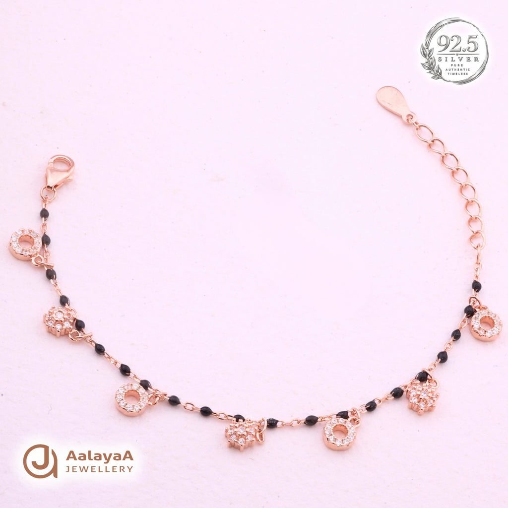 Silver Rosegold Black Bead Crystal Charm Bracelet