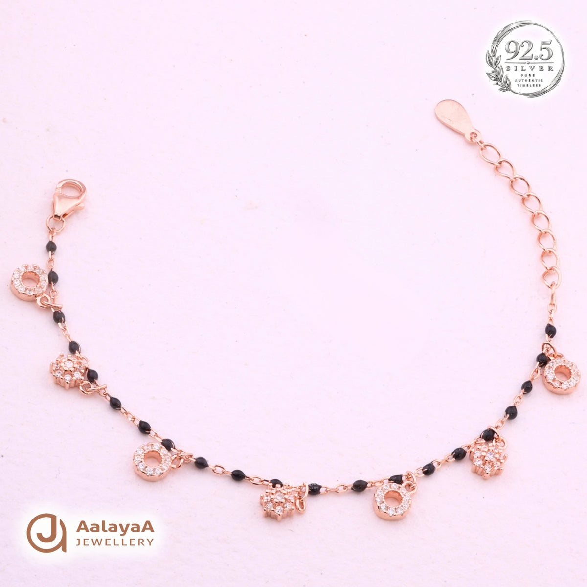 Silver Rosegold Black Bead Crystal Charm Bracelet