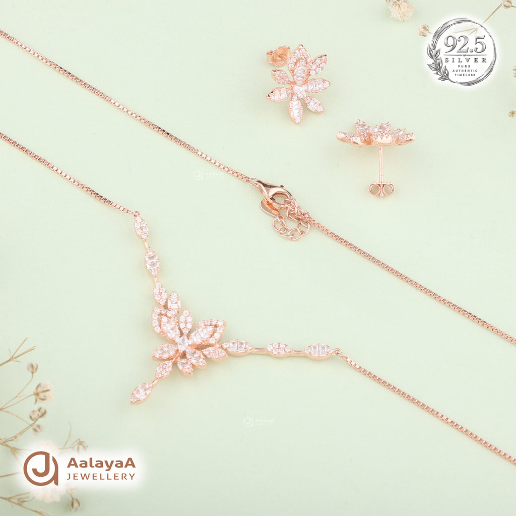 Silver Rose Gold Aurelia Blossom Necklace Set
