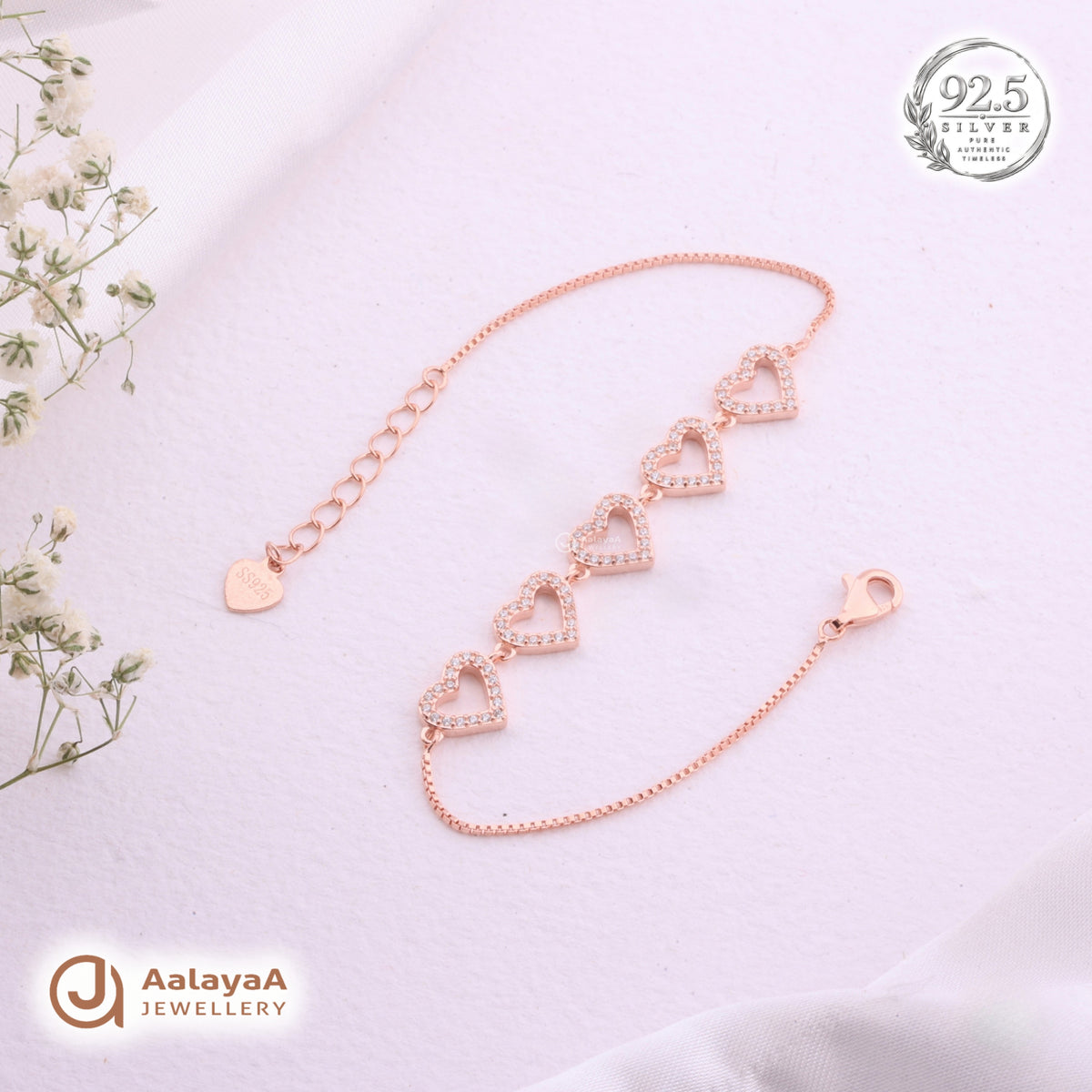 Silver Rosegold Five Hearts Bracelet
