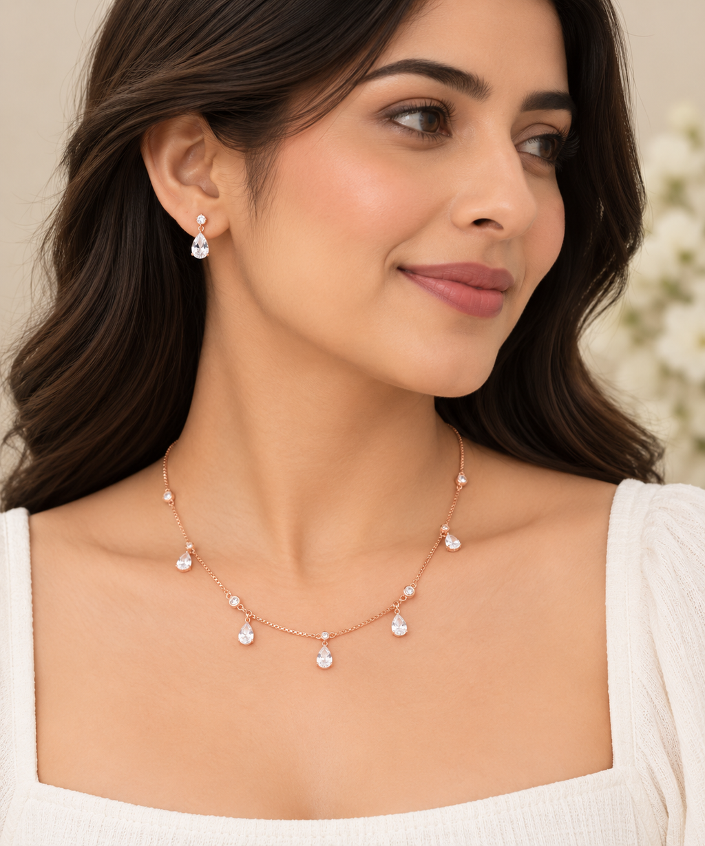 Silver Rosegold Dewdrop Sparkle Necklace Set