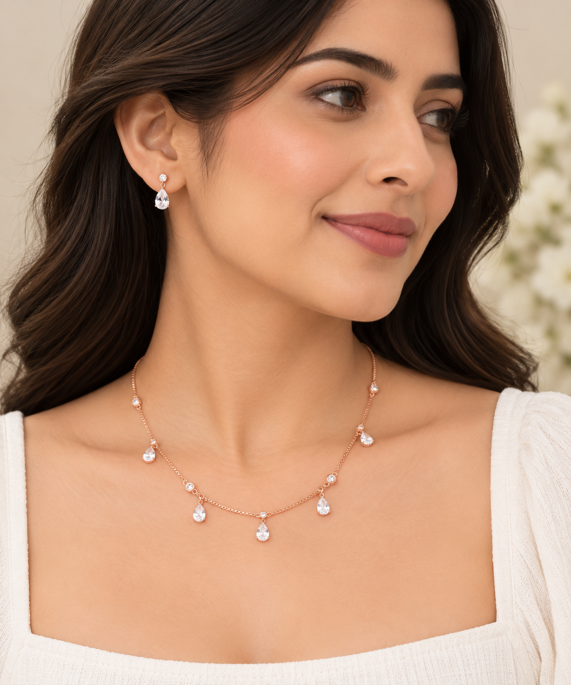 Silver Rosegold Dewdrop Sparkle Necklace Set