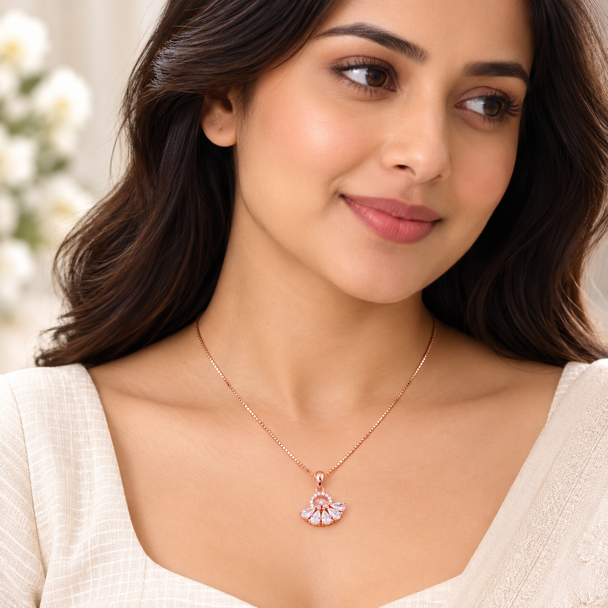 Silver RoseGold Crystal Fan Chain Pendant