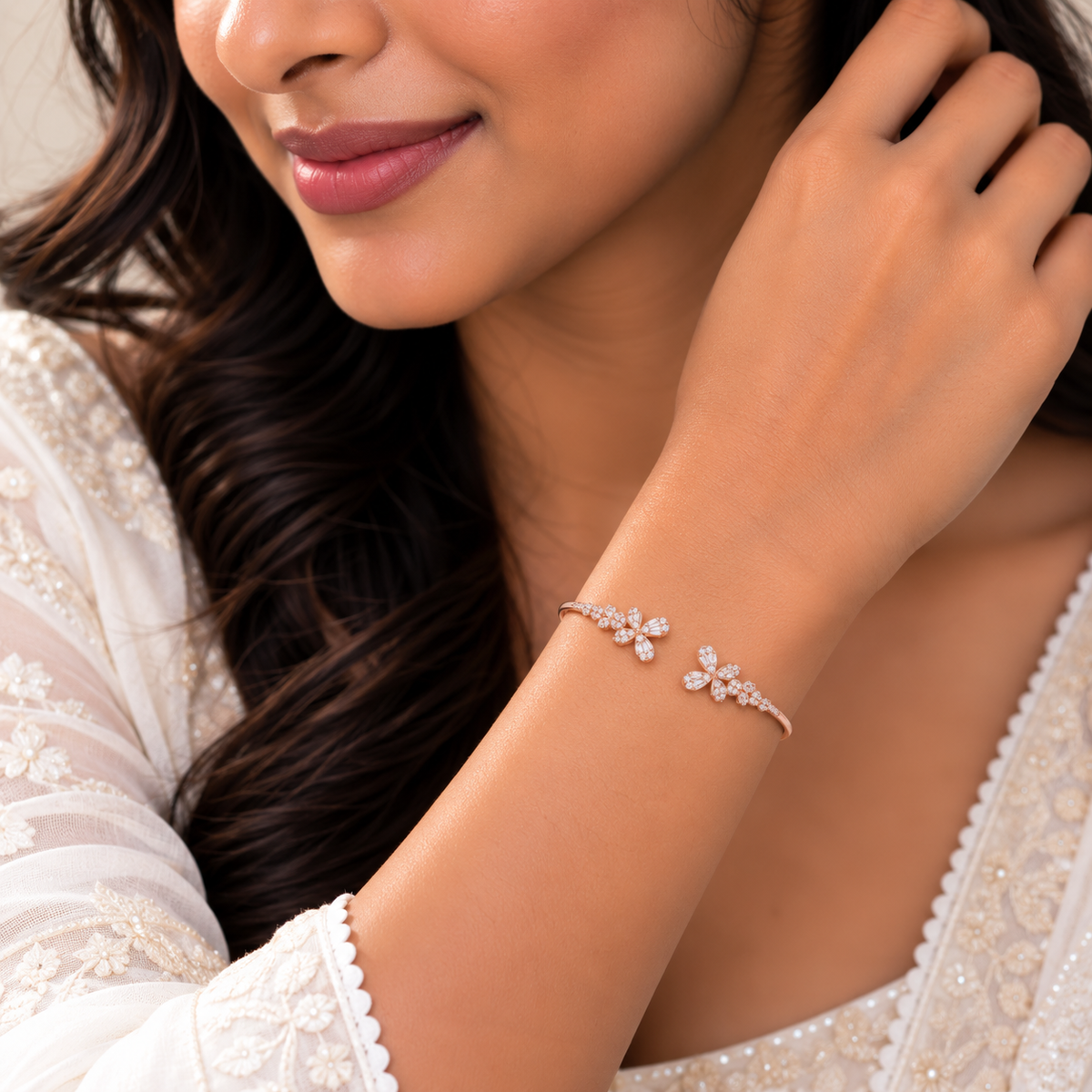 Silver Rosegold Crystal Butterfly Garden Kada