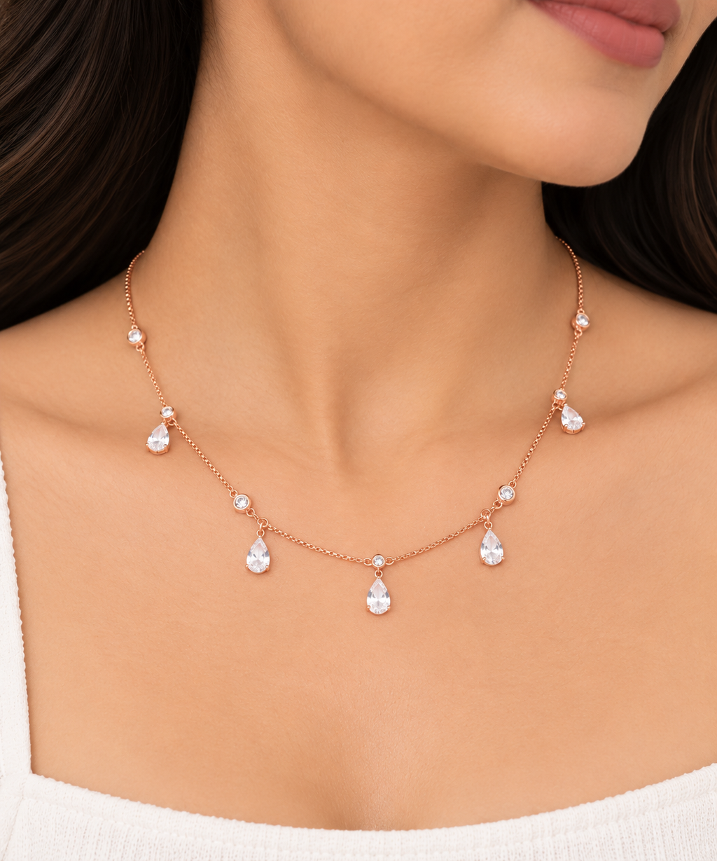 Silver Rosegold Dewdrop Sparkle Necklace Set