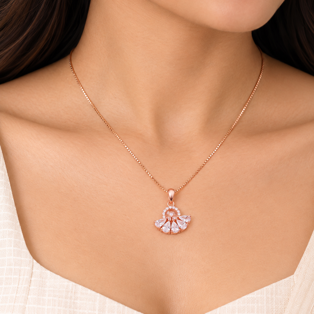 Silver RoseGold Crystal Fan Chain Pendant
