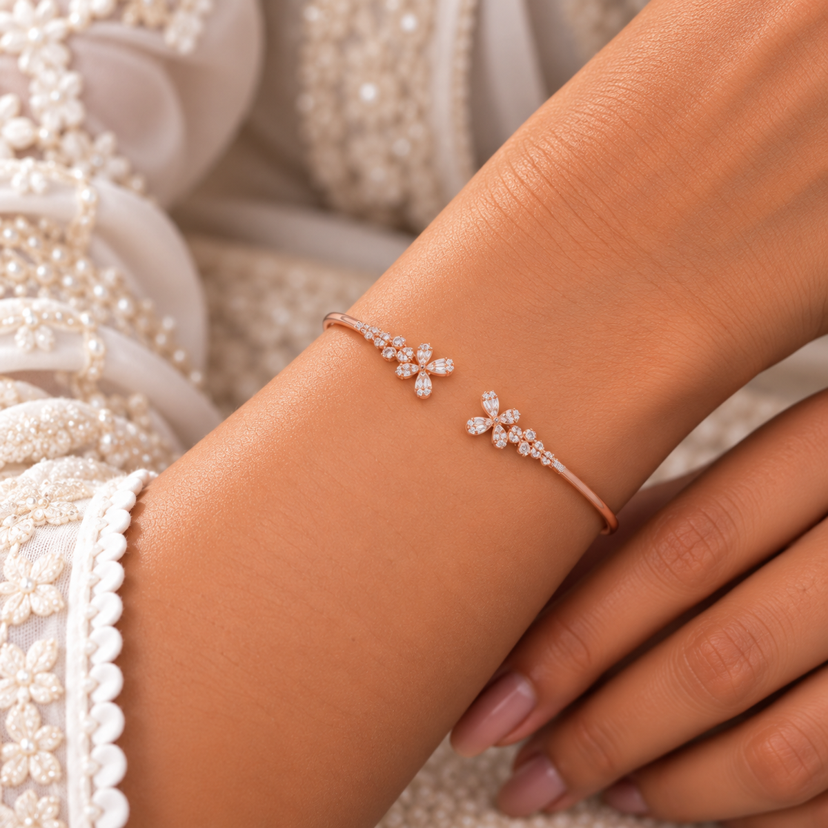Silver Rosegold Crystal Butterfly Garden Kada