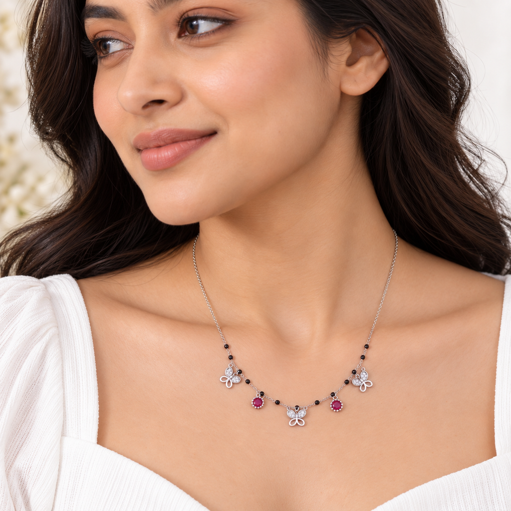Silver Butterfly Ruby Charm Chain Pendant