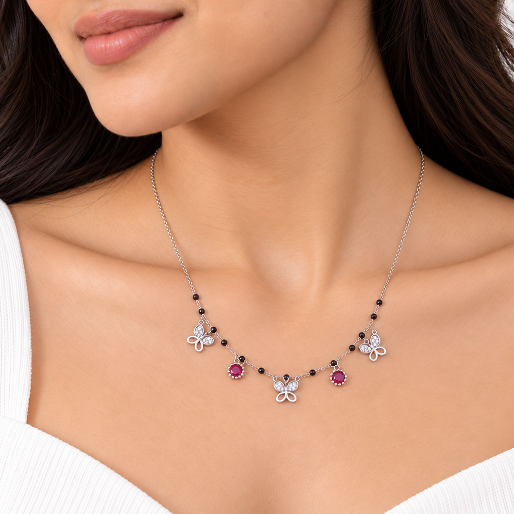 Silver Butterfly Ruby Charm Chain Pendant